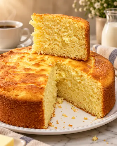 Bolo caseiro dourado com café e leite