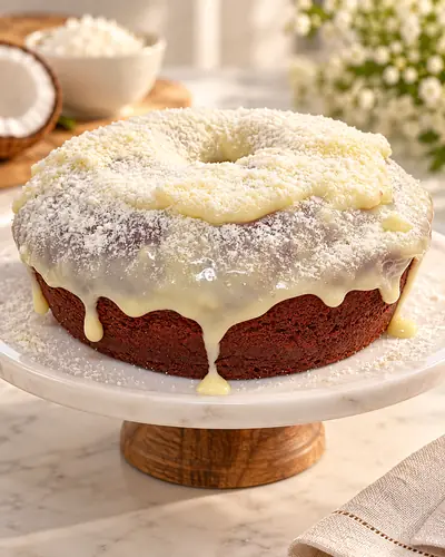 Bolo de coco com cobertura cremosa