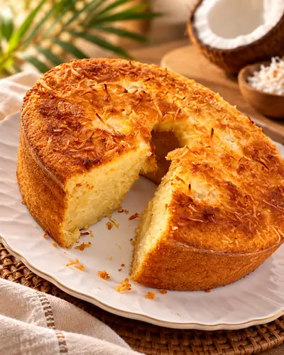 Bolo de coco dourado com uma fatia cortada