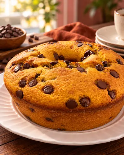 Bolo dourado com gotas de chocolate