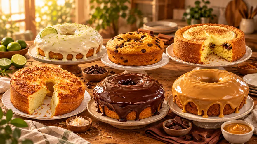 Seis bolos caseiros de sabores variados sobre uma mesa de madeira