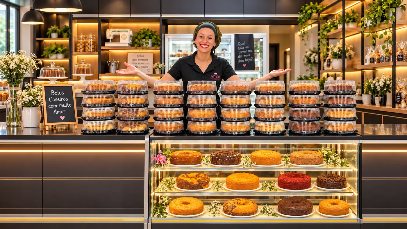 Balcão da confeitaria Amor Quentinho com pilhas de bolos caseiros embalados e vitrine de bolos